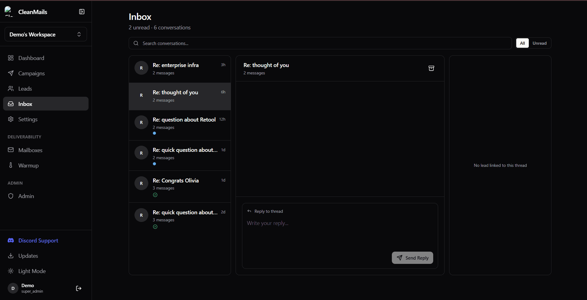 CleanMails unified inbox showing reply threads from several mailboxes