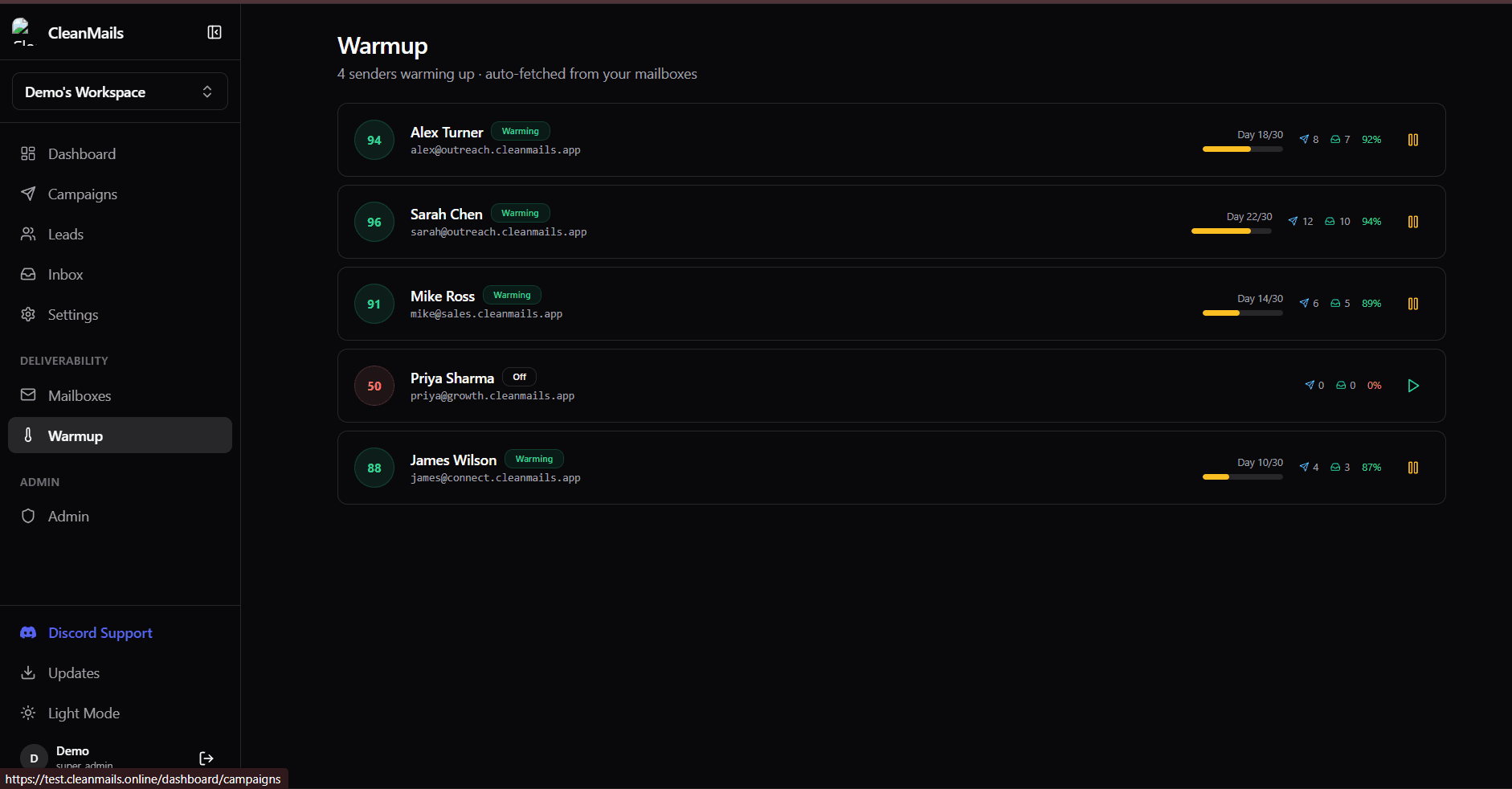 CleanMails warmup screen showing each mailbox and its warmup progress