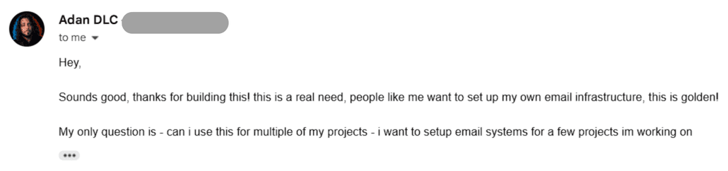 Email from Adan DLC praising Cleanmails for self-hosted email infrastructure